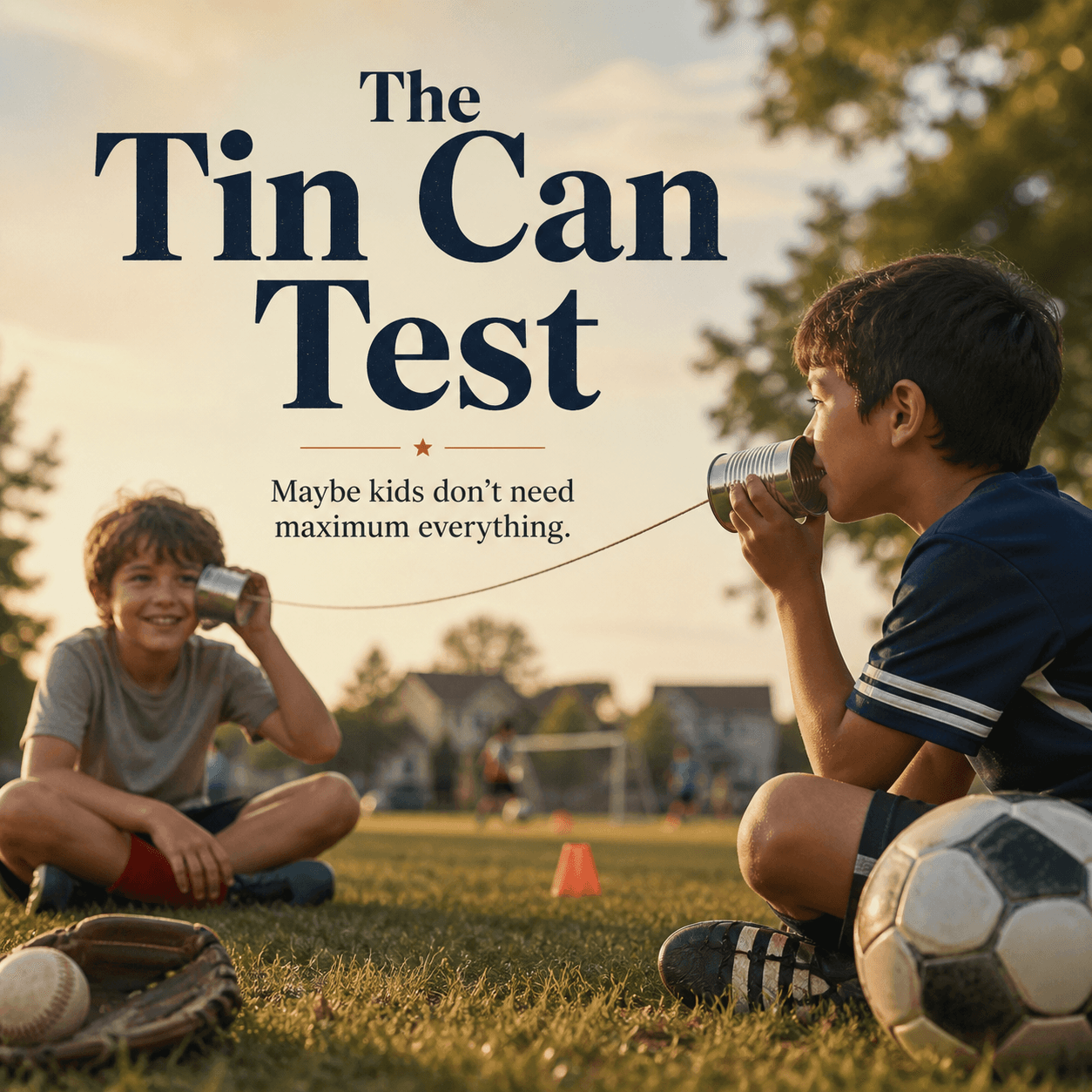 Two kids on a soccer field using a tin-can string phone, with the words The Tin Can Test and Maybe kids don't need maximum everything.